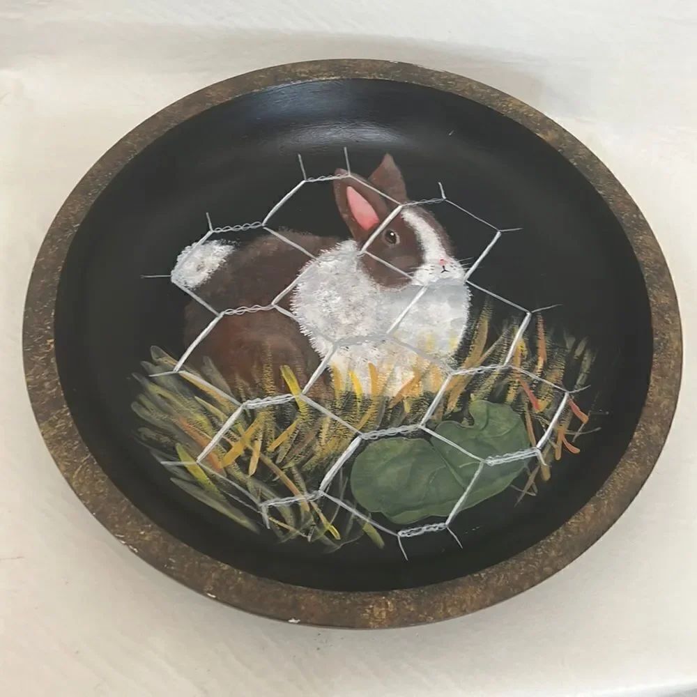 Easter Bunny Brown White Pink Ear Colored Grass 12 Inches Round Wooden Bowl Gold